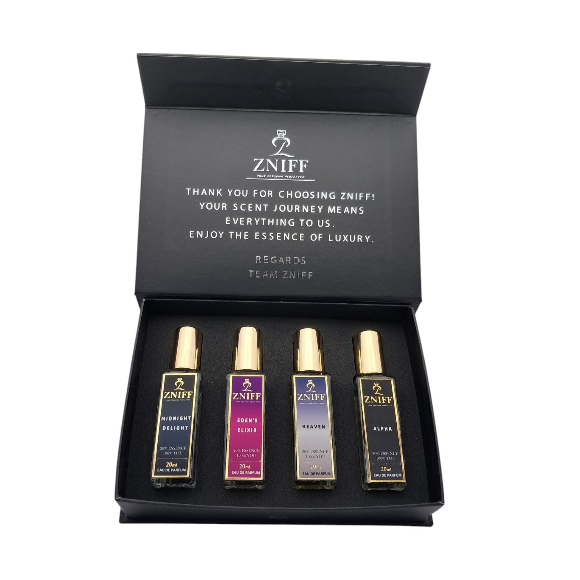 Zniff Gift set 4 in 1 : The Essence of Luxury | Alpha, Eden's Elixer, Heaven and Midnight Delight - Zniff - Fragrance